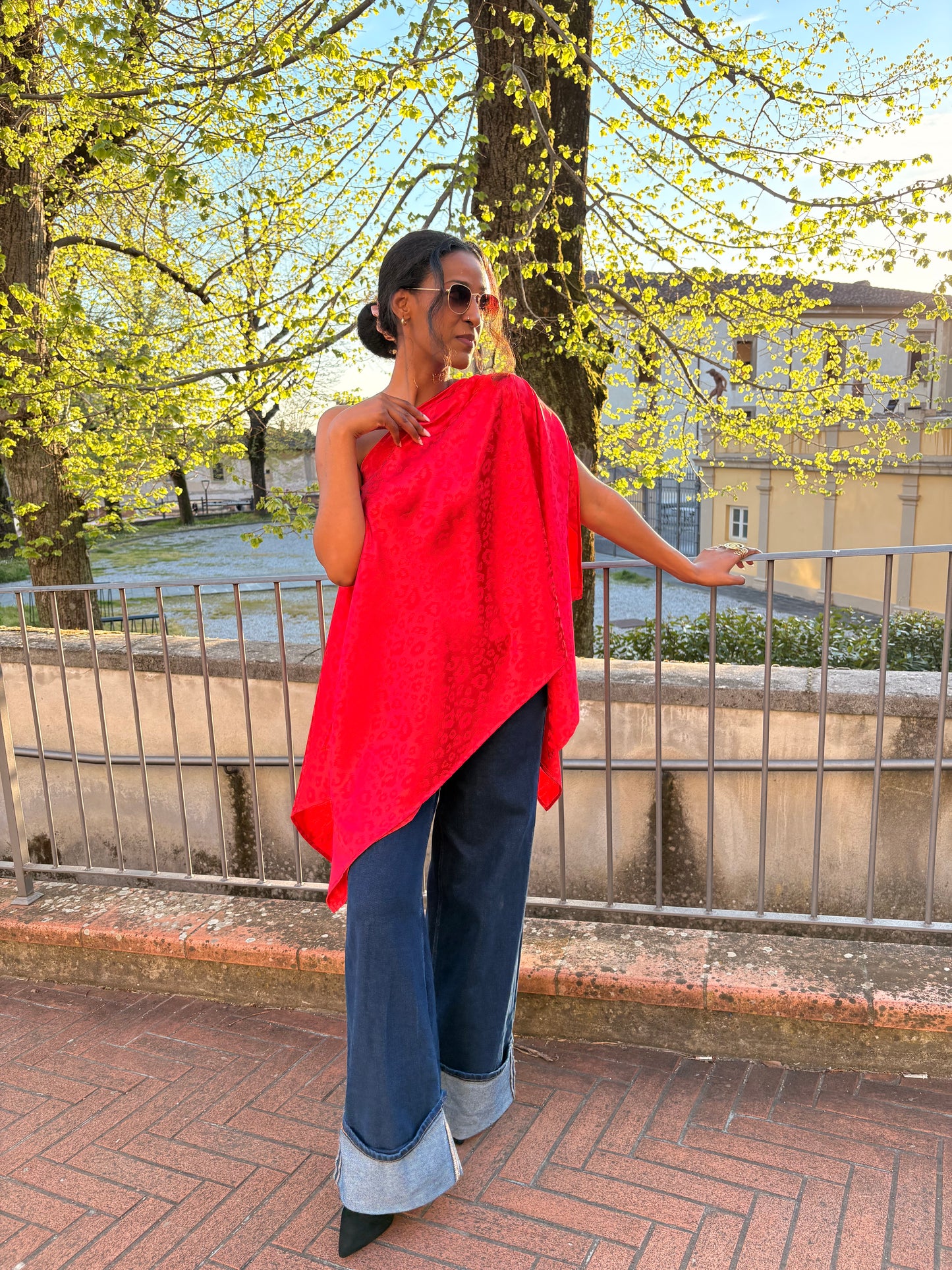 AMANI RED Jacquard Satin Top – Elegant Multiway Draped Top | Handmade in Florence