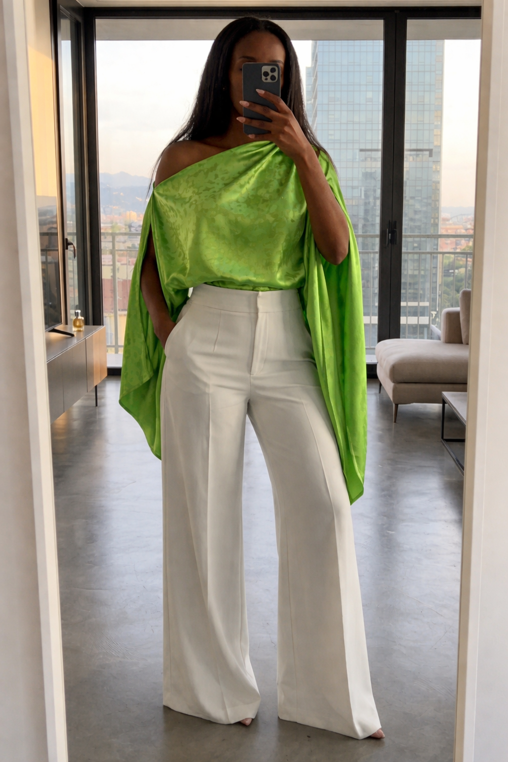 AMANI GREEN Jacquard Satin Top – Elegant Multiway Draped Top | Handmade in Florence