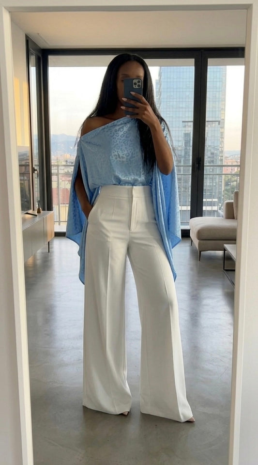 AMANI Light Blue Jacquard Satin Top – Elegant Multiway Draped Top | Handmade in Florence