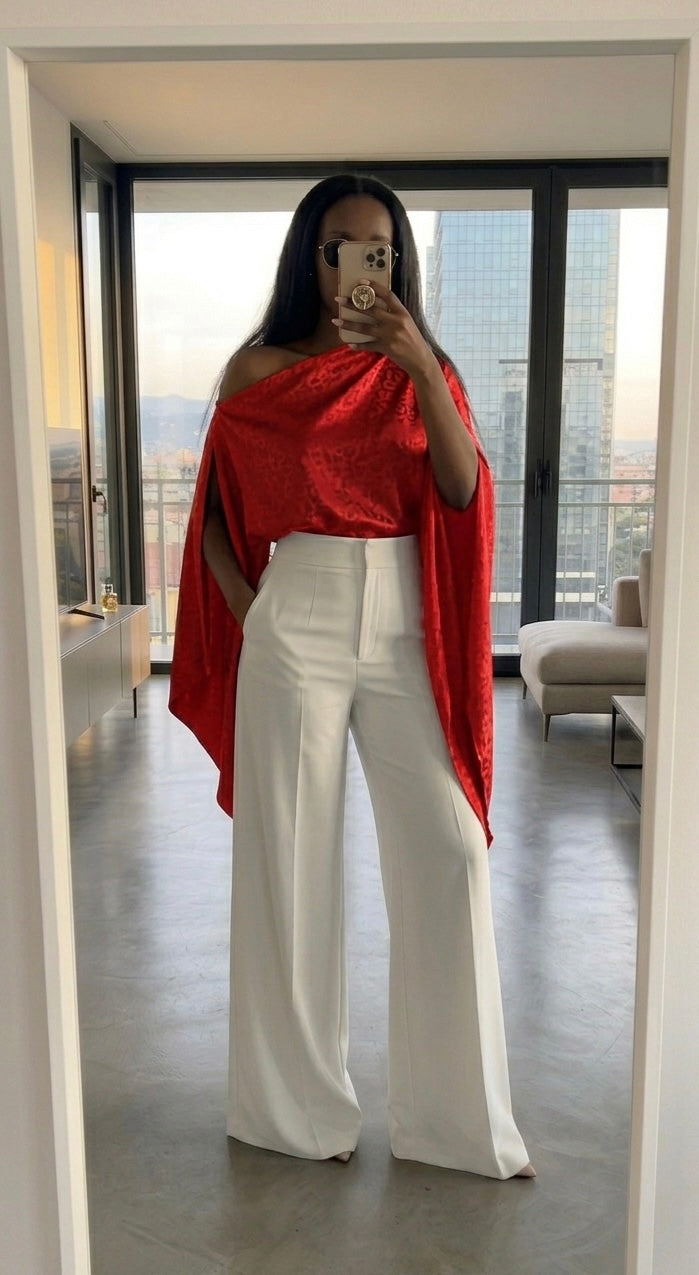AMANI RED Jacquard Satin Top – Elegant Multiway Draped Top | Handmade in Florence