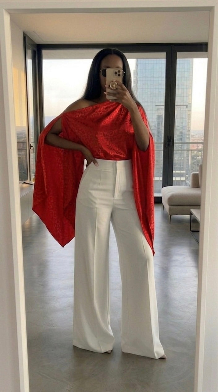 AMANI RED Jacquard Satin Top – Elegant Multiway Draped Top | Handmade in Florence
