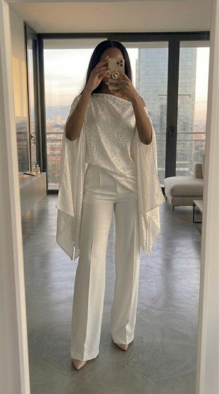 AMANI White Jacquard Satin Top – Elegant Multiway Draped Top | Handmade in Florence