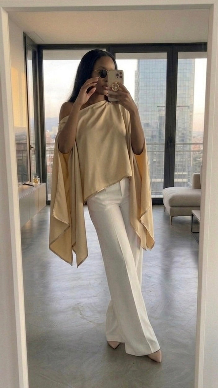 AMANI Beige Satin Top – Elegant Multiway Draped Top | Handmade in Florence