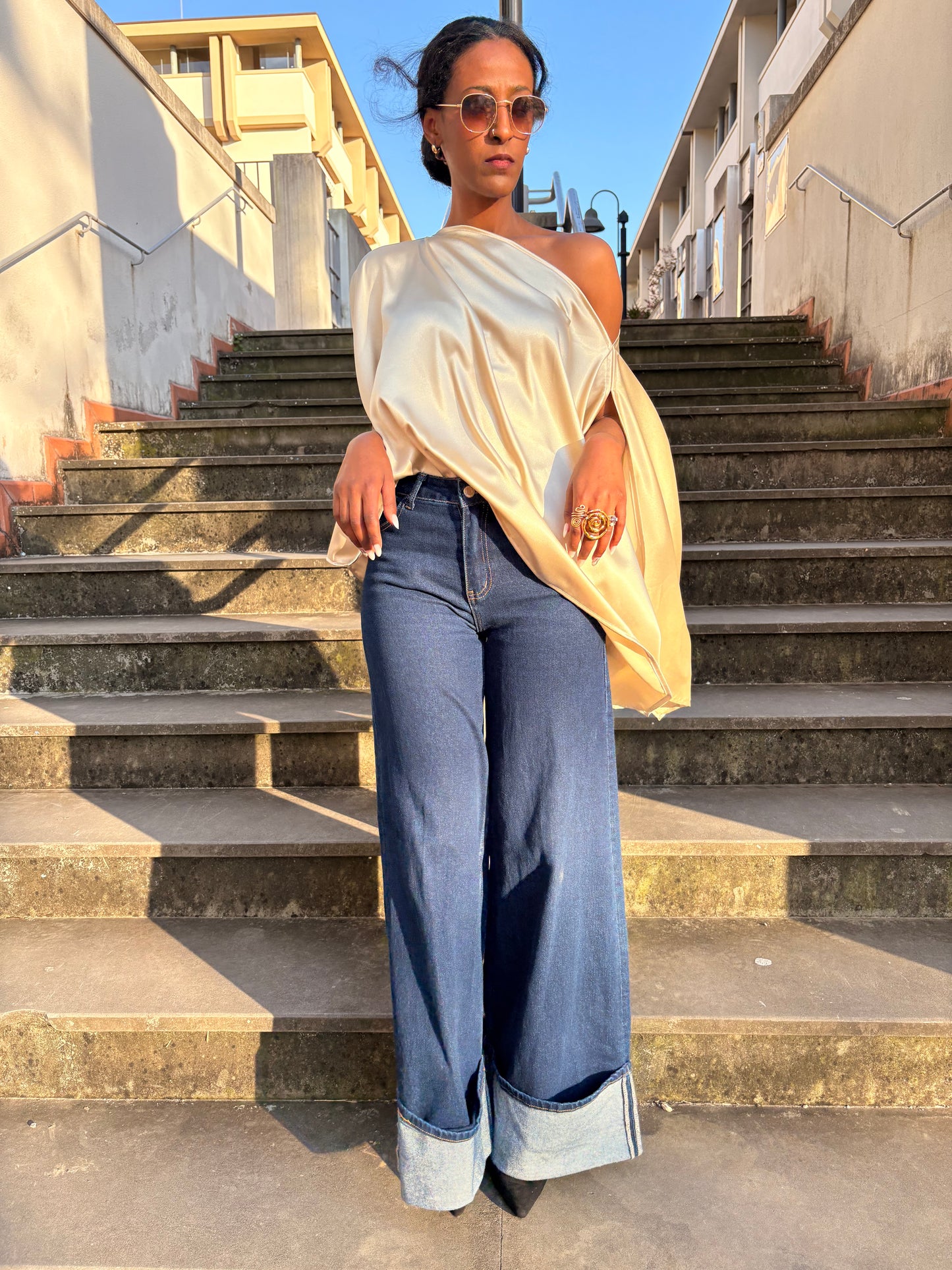 AMANI Beige Satin Top – Elegant Multiway Draped Top | Handmade in Florence