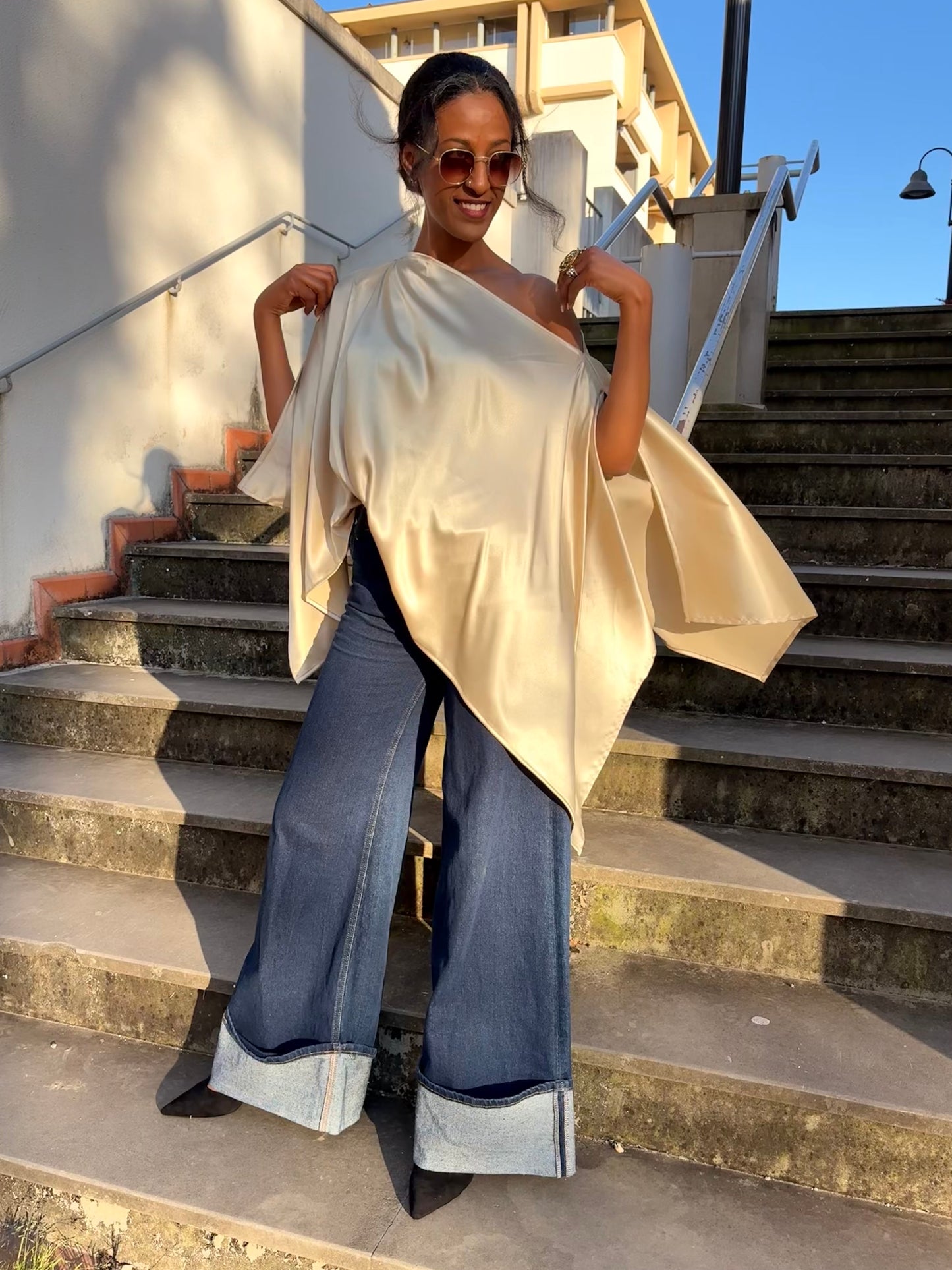 AMANI Beige Satin Top – Elegant Multiway Draped Top | Handmade in Florence