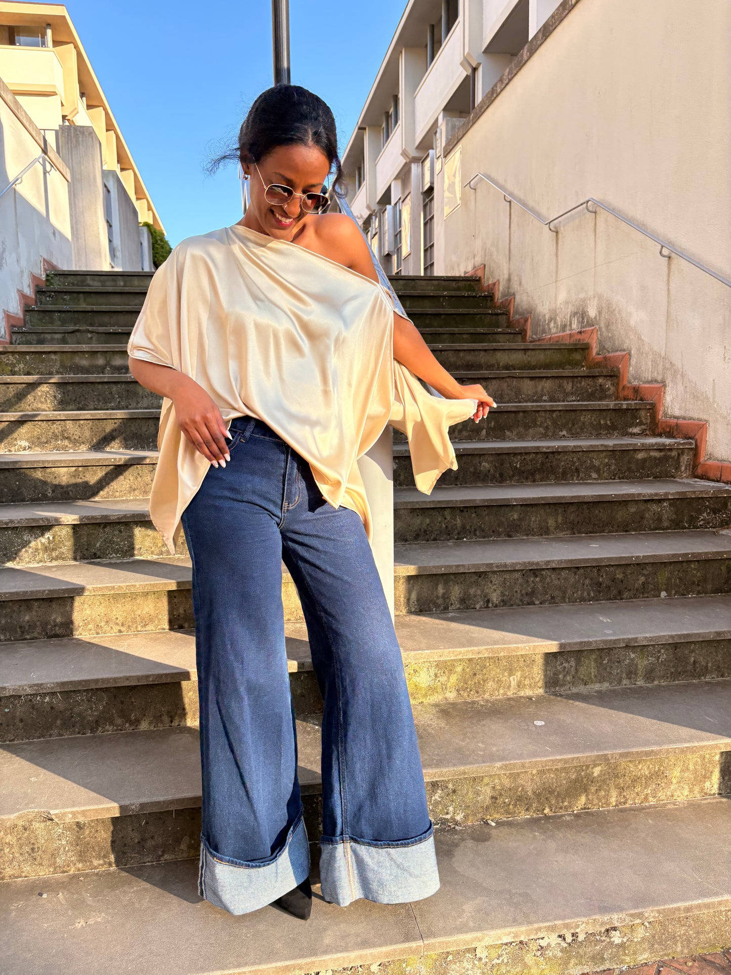 AMANI Beige Satin Top – Elegant Multiway Draped Top | Handmade in Florence