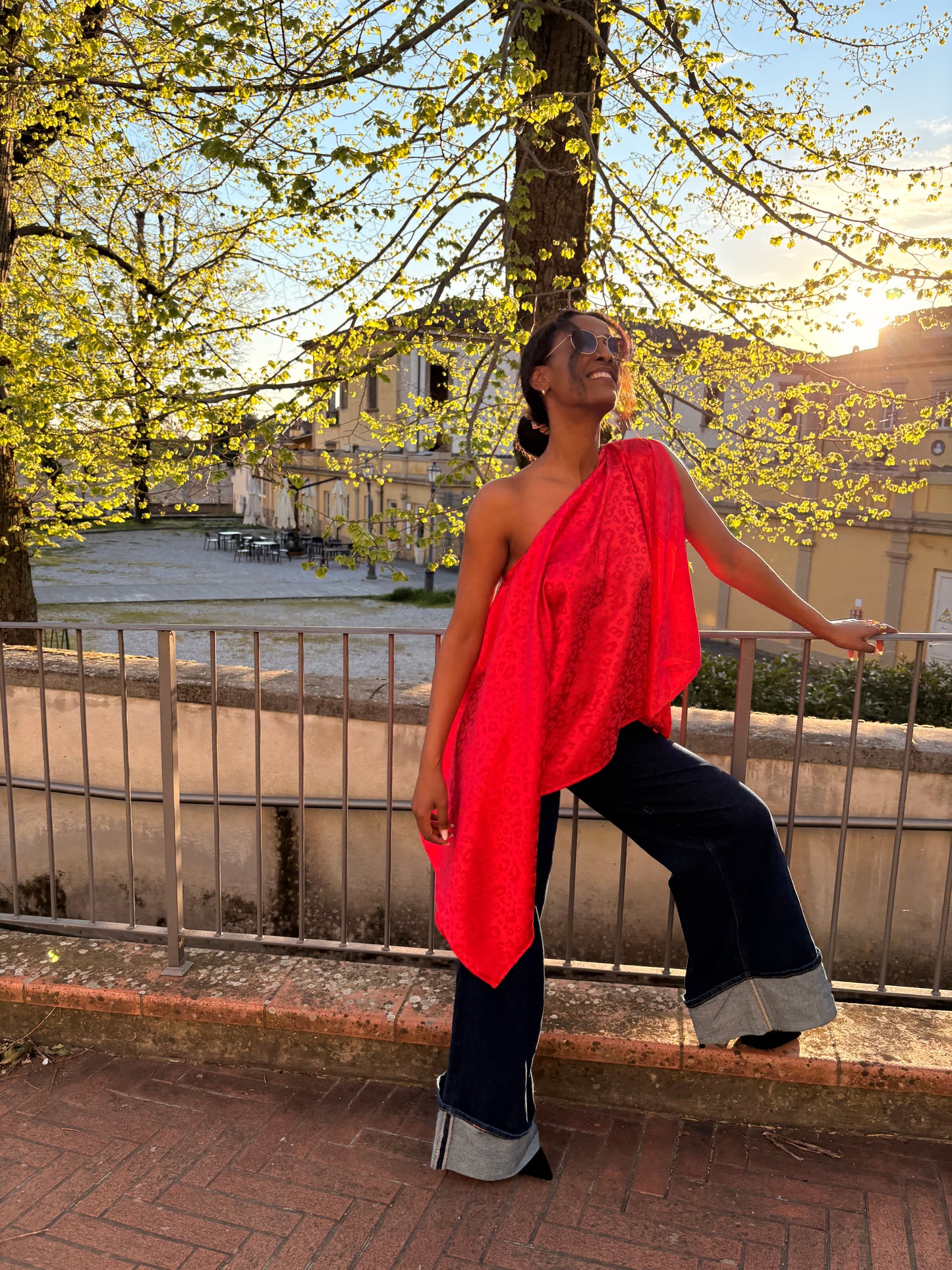 AMANI RED Jacquard Satin Top – Elegant Multiway Draped Top | Handmade in Florence