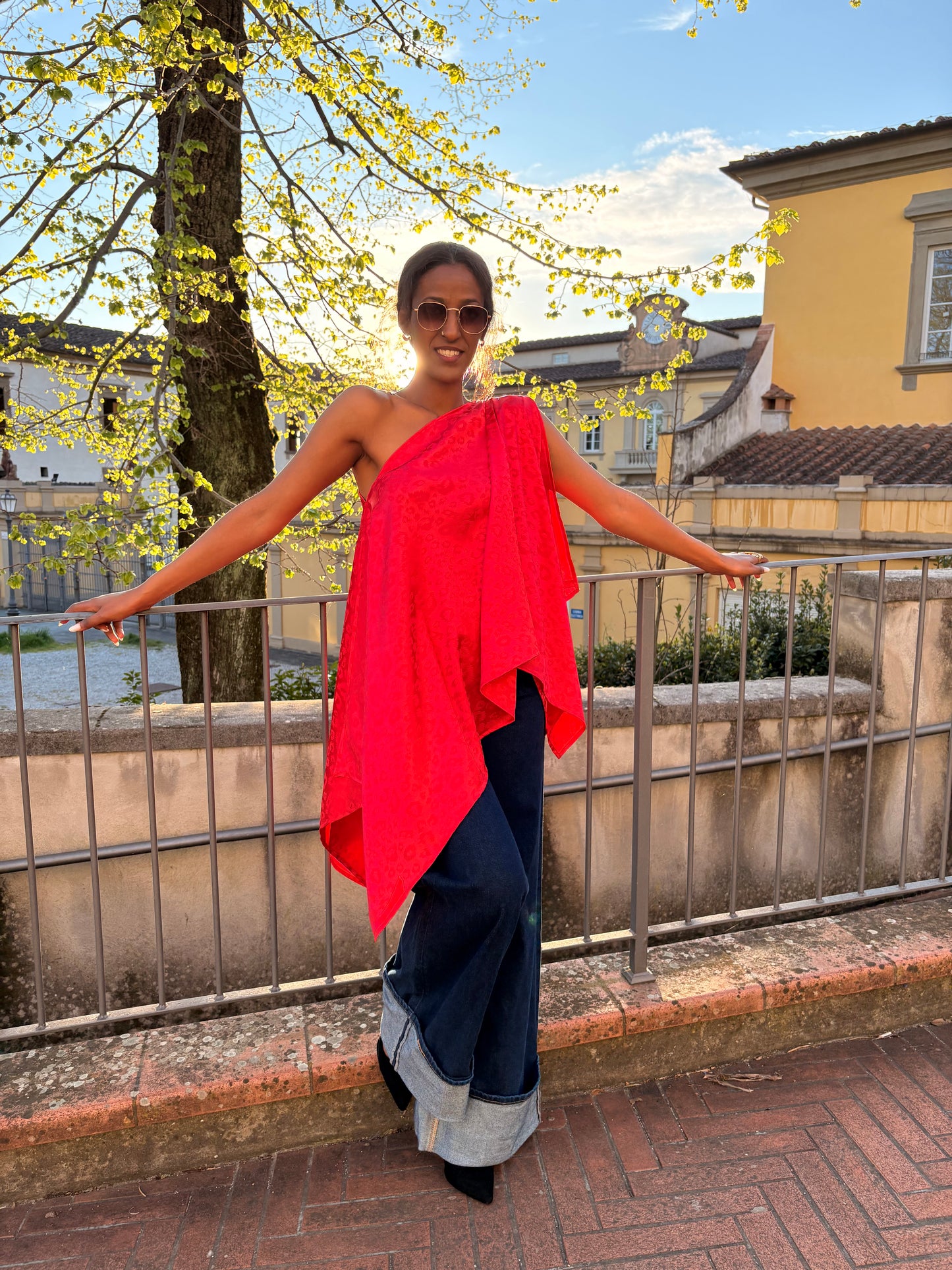 AMANI RED Jacquard Satin Top – Elegant Multiway Draped Top | Handmade in Florence