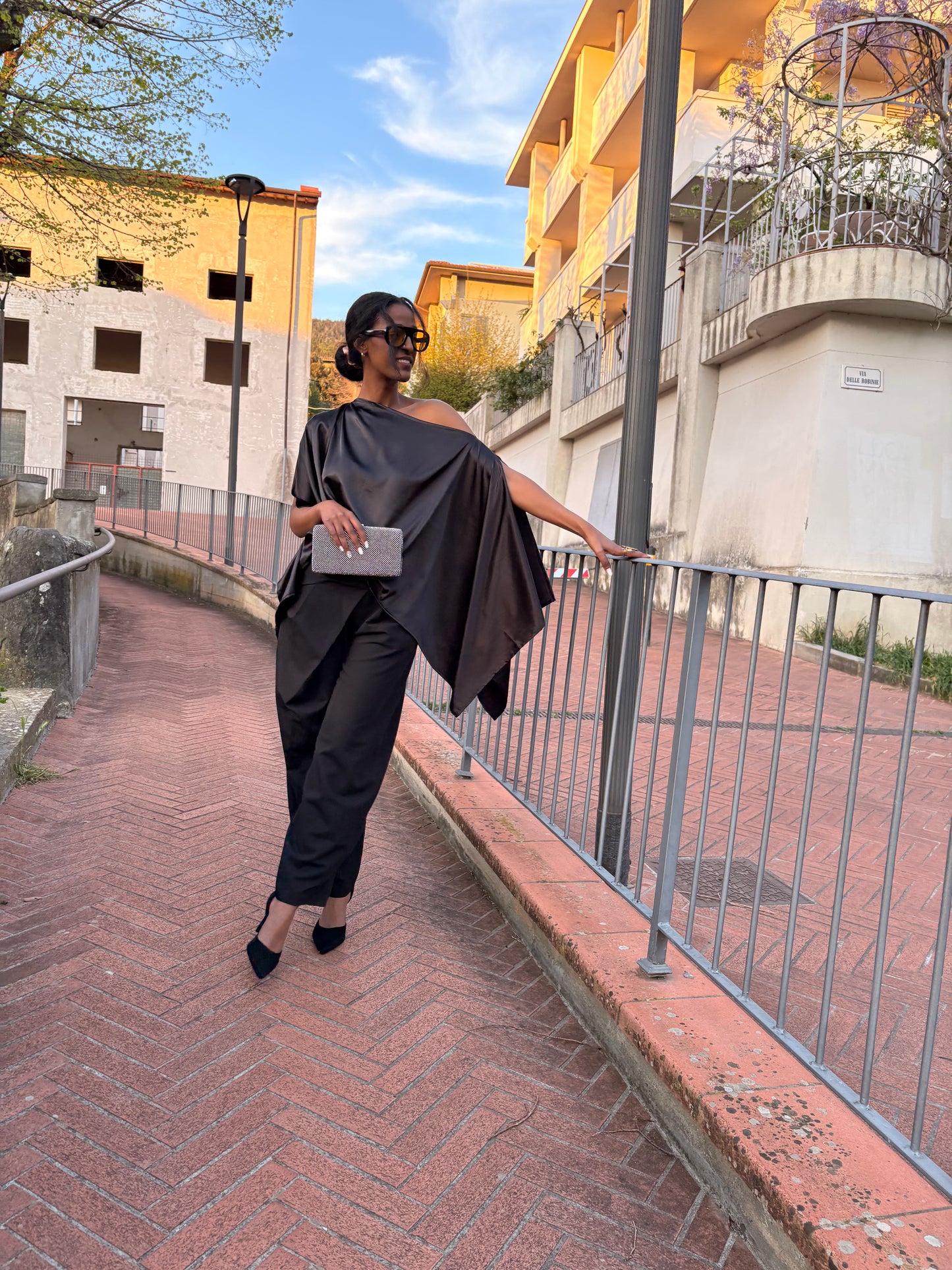 AMANI Black Satin Top – Elegant Multiway Draped Top | Handmade in Florence
