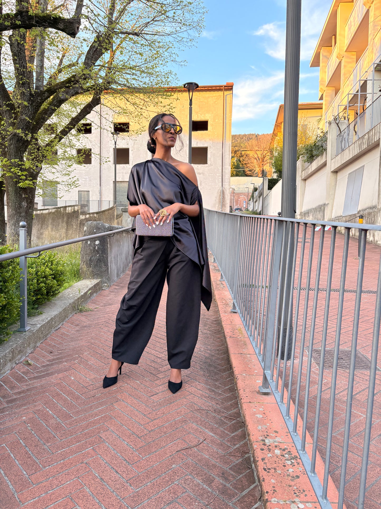 AMANI Black Satin Top – Elegant Multiway Draped Top | Handmade in Florence