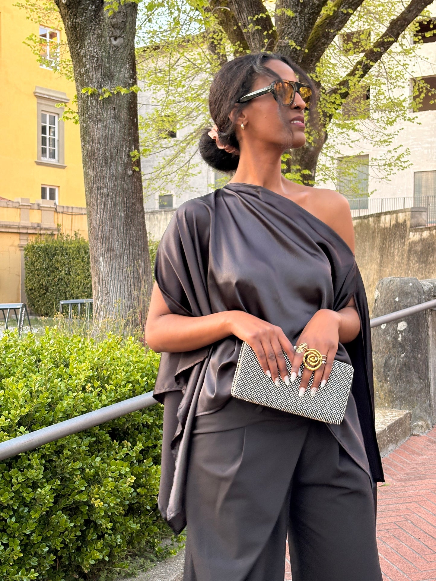AMANI Black Satin Top – Elegant Multiway Draped Top | Handmade in Florence