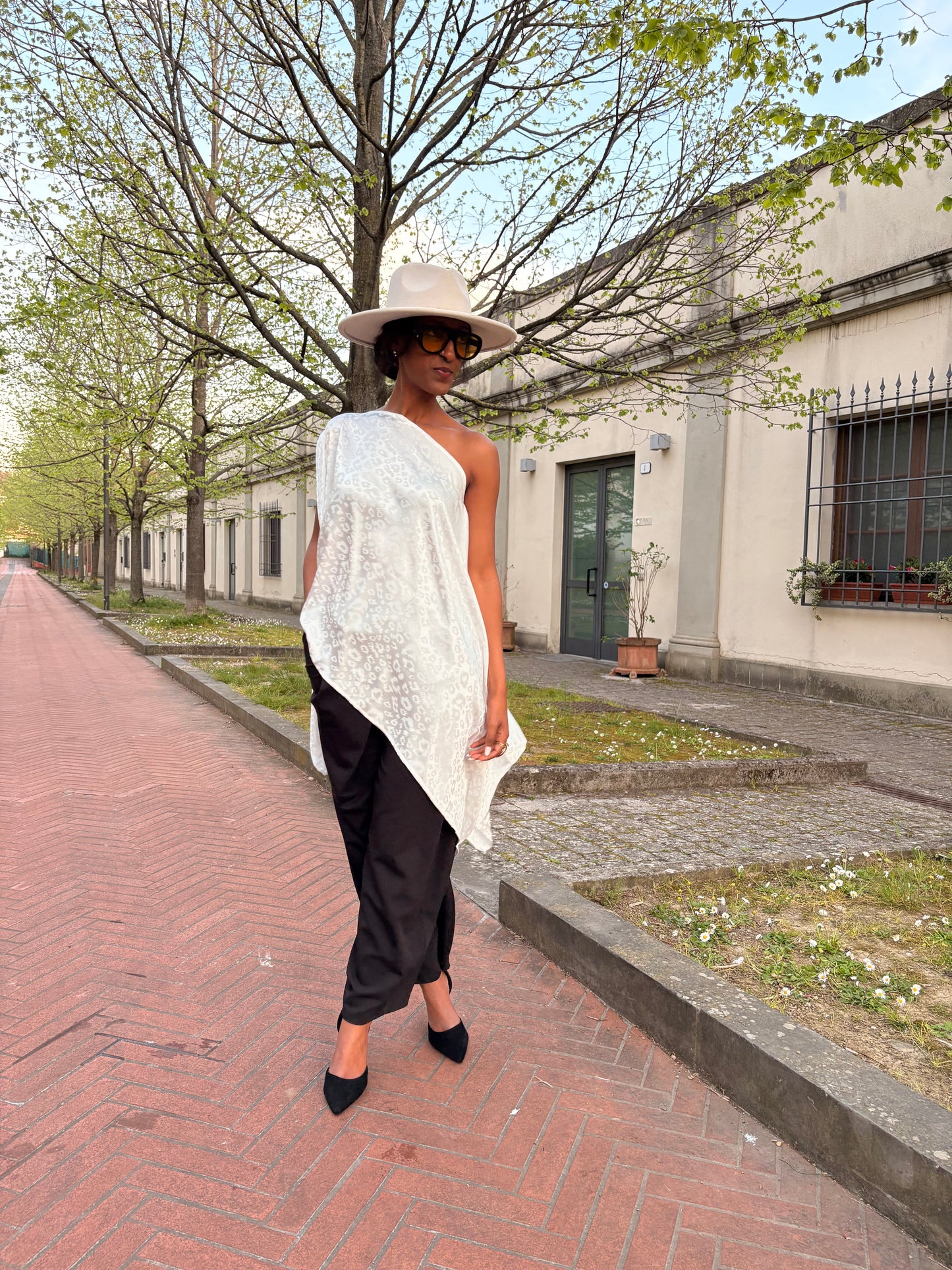 AMANI White Jacquard Satin Top – Elegant Multiway Draped Top | Handmade in Florence