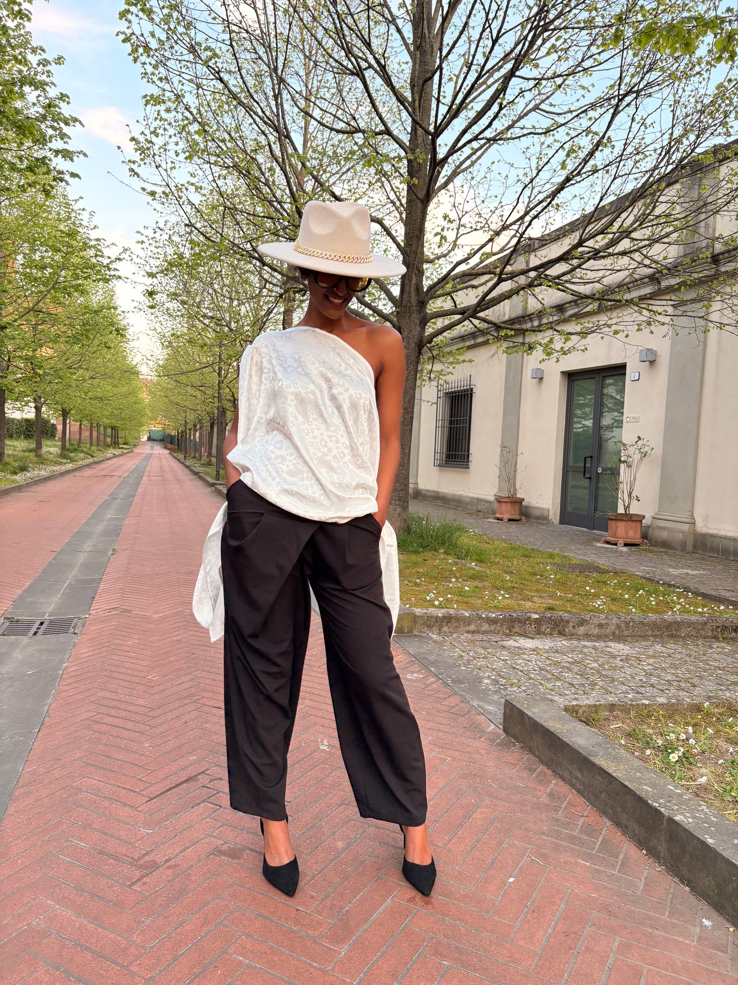 AMANI White Jacquard Satin Top – Elegant Multiway Draped Top | Handmade in Florence