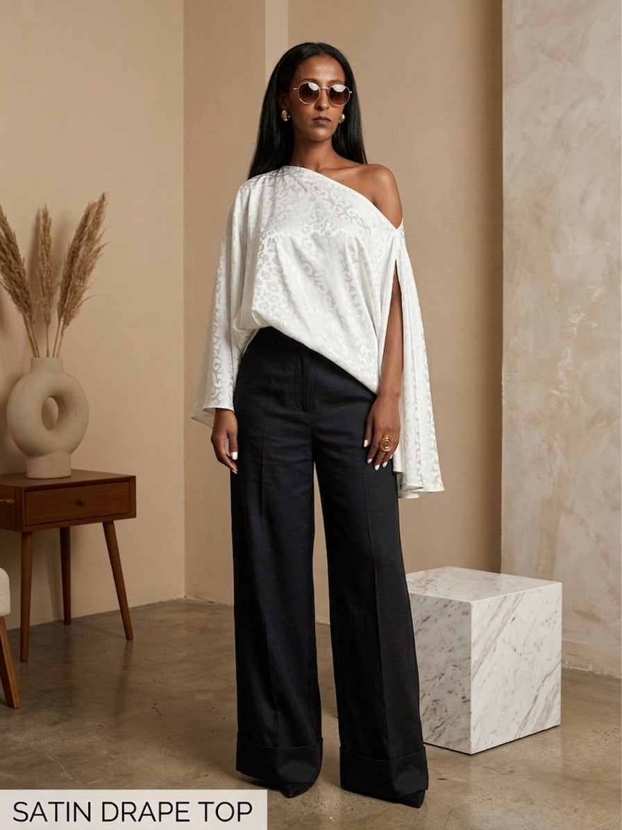 AMANI White Jacquard Satin Top – Elegant Multiway Draped Top | Handmade in Florence