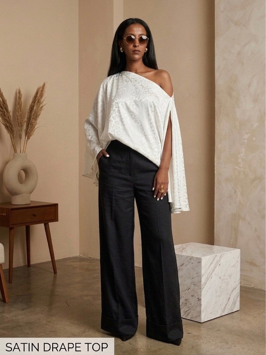 AMANI White Jacquard Satin Top – Elegant Multiway Draped Top | Handmade in Florence